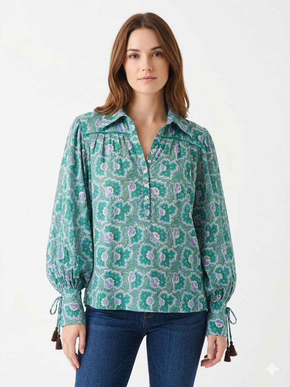 Omika Green Blue Geometric Floral Print Long Sleeve Button Down Blouse with Tass